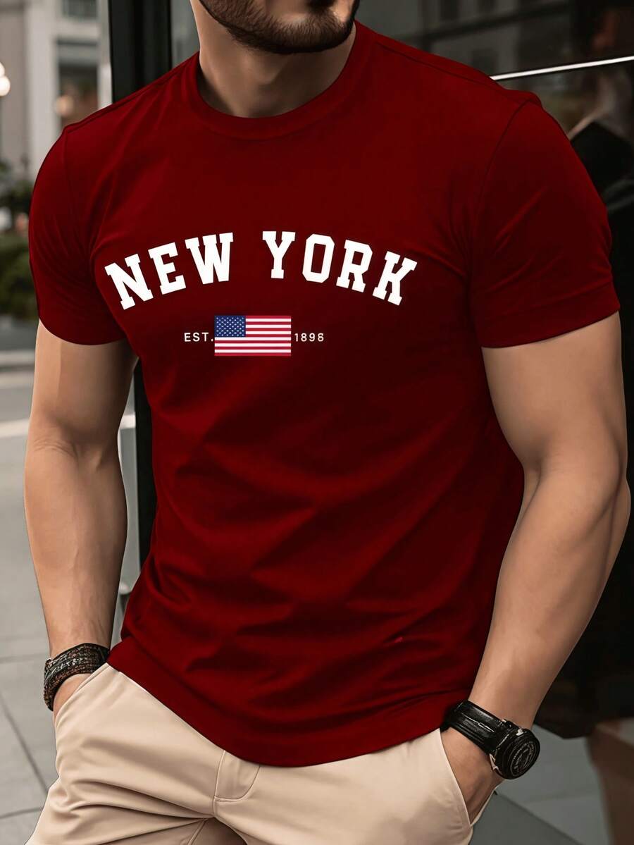 Men's Letter & American Flag Graphic Casual Crew Neck Short Sleeve T-Shirt, Versatile For Summer, Hot Street Style Personalized Choice, Perfect Holiday Gift For Easter, Men's Printed T-Shirt. - 酒紅色 - 查看 1