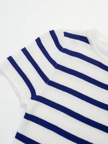 Women's Striped Short Sleeve Casual Cropped Knit T-Shirt, Summer - Dark Blue and White - View 3