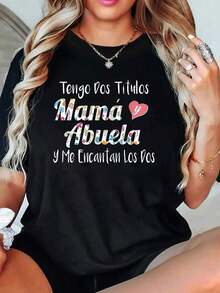 1 pieza de camiseta de algodón para mujer con cuello redondo y estampado "Tengo dos títulos, mamá y abuela, y me encantan los dos", camiseta gráfica casual de manga corta para todas las estaciones, top de tela de punto de longitud regular, 10 playeras de mujer. - Negro - Ver 1