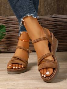 Summer New Wedge Sandals, Thick Sole Non-Slip Plus Size Women One-Strap Buckle Sandals,Beach Shoes - Brown - View 5