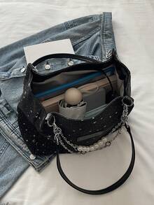 Women's PU Chain Tote Bag With Pendant, Suitable For Daily Commute, Travel, Shopping - Black - View 8
