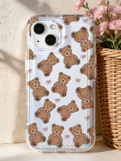 1 pieza Funda de teléfono con patrón de oso con lazo, transparente y antideslizante, adecuada para iPhone 11/12/13/14/15/16/17 Pro Max