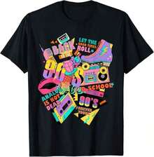 Senaste modellen 2026 T-shirt med 90-tals retro popkulturdesign med kassettband, boomboxes och neontext. Tillbaka till 90-talet – låt de goda tiderna komma för vardagskläder, festkläder och nostalgiskt mode, grafiska t-shirts för kvinnor, semesterkläder för kvinnor, sommar, herrkläder, skjortor, herrskjortor, grafiska t-shirts, män, blusar. Popularitet - Svart - Visa 4