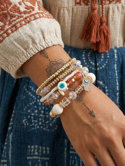 5件套波西米亚风邪眼与哈姆萨之手串珠手链，金色流苏吊坠弹力叠戴手链套装，珠宝礼品