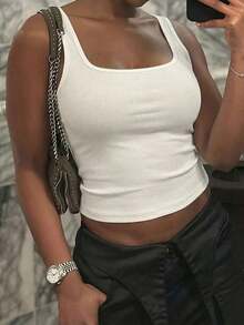 Women's Square Neck Sleeveless Camisole Top, Sexy Vintage Spaghetti Strap Tank Top, Beach Holiday T-Shirt, Women's Fitness Wear, Suitable For Daily Wear, Work Commute Casual White Summer - White - View 8