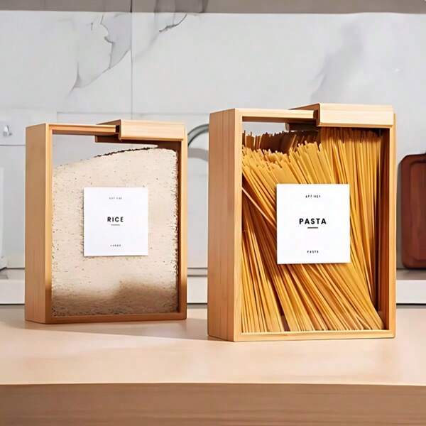 1 stuk bamboe en acryl voedselbewaarcontainer, keukenorganizer voor rijst, pasta, granen en snacks | Luchtdichte voedselbewaarbox met transparant deksel | Duurzame en herbruikbare keukenopbergoplossing | Modern keukenaccessoire | Stevige bamboe container en bamboe opbergdoos