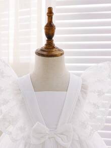 Baby Girl Cute Square Neck Sleeveless Bow Decor A-Line Mesh Dress, Versatile Fashion Outfit For Baby Girls, Suitable For Daily, Party, Outing In Spring & Summer - White - View 4