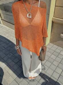 FOR BEAUTY Women's Summer New Knit Top, Casual Style, Orange Solid Color Loose Off-Shoulder Cover-Up, Bohemian Style, Suitable For Beach And Vacation - Orange - View 8