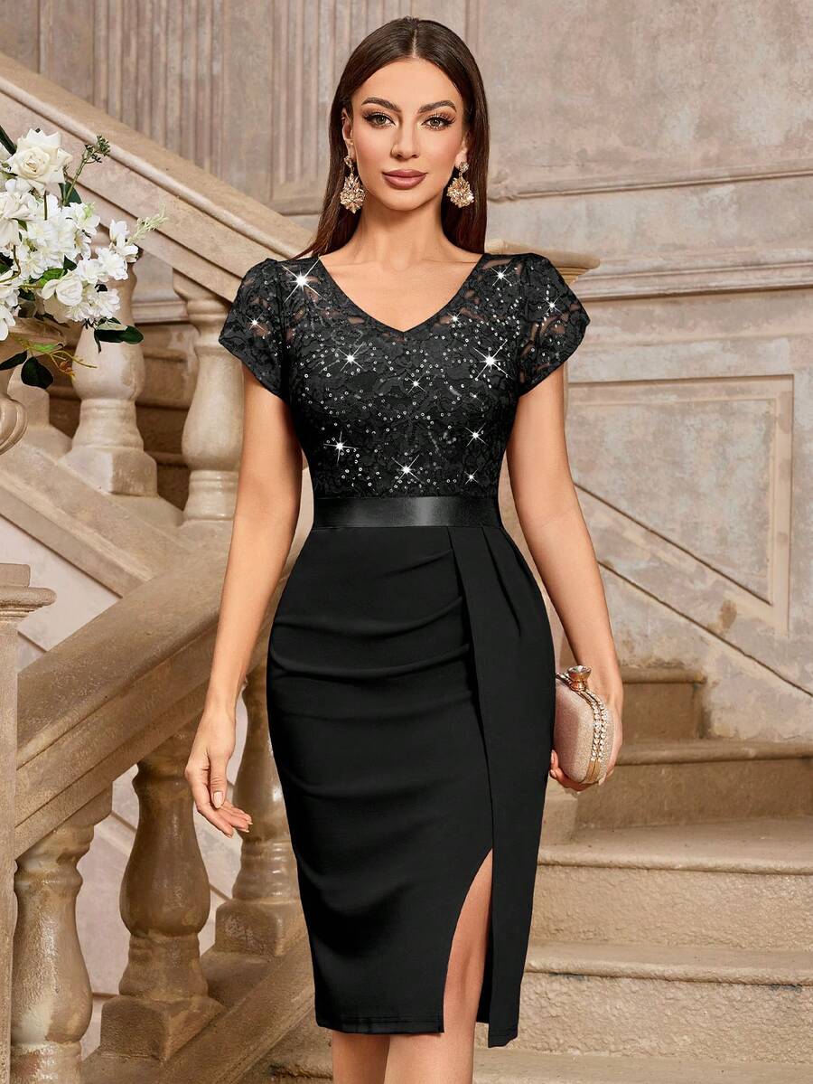 MIUSOL Elegantes Paillettenspitze Puffärmel gerafftes Cocktailkleid mit hohem Schlitz, geeignet für Frauen zum Tragen bei Hochzeiten, Abschlussfeiern, Partys und anderen halbformellen Anlässen Frühlingsparty Schwarz - Schwarz - Übersicht 1