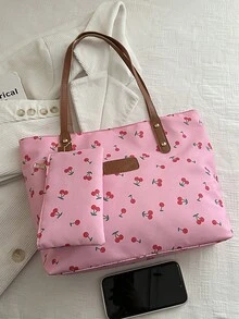 高品质时尚大容量手提包，休闲百搭印花女士单肩包 - 粉色 - 查看 3