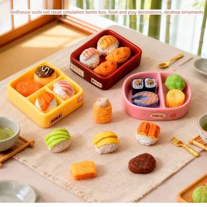 Mô hình nhà búp bê cuộn sushi, bít tết, hộp cơm bento giả, đồ trang trí bàn làm việc, phụ kiện trang trí sáng tạo.