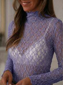 Women's Solid Color Lace Long Sleeve Fitted Fashionable Top - Mauve Purple - View 2