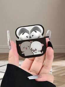 Cute Couple Cat Pattern Earphone Protective Case, Matte Finish Anti-Drop Earphone Cover, Compatible With AirPods 2/3/4/Pro/Pro2/Pro3, Great Gift For Friends Birthday And Holidays - Black - View 2