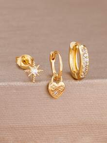 3PCS 18K Gold Plated Retro Heart Shape Pendant Hoop Earrings Set Elegant Zirconia Star Ear Stud For Women Fashion Jewelry Party Gift - 1-gold-3pcs - View 2