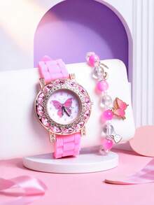 2件套学生礼物，柔软硅胶表带，奢华水晶蝴蝶石英表，搭配弹性串珠手链，时尚女表 - 粉色 - 查看 9