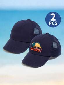 2 Stück Dinosaurier Muster Kinder Baseball Kappe, Kleinkind 1-6 Jahre atmungsaktive Mesh Sonnenhut, verstellbarer Sommer Trucker Hut, süßer Cartoon Kappe geeignet für Spiel und Strand - Dunkelblau + Dunkelblauer Dinosaurier - Übersicht 6