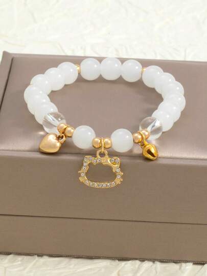 SANRIO 1 chiếc mặt dây chuyền hình mèo con tối giản, đa năng, thanh lịch, hình trái tim, đính đá mắt mèo giả, chuông nhỏ, vòng tay hạt cườm, quà tặng cho bạn thân.