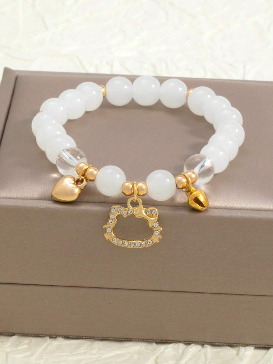 SANRIO 1 chiếc mặt dây chuyền hình mèo con tối giản, đa năng, thanh lịch, hình trái tim, đính đá mắt mèo giả, chuông nhỏ, vòng tay hạt cườm, quà tặng cho bạn thân. - Nhiều màu - Xem 1