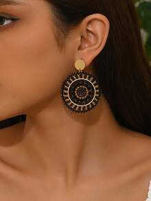 1 Pair Handmade Woven Disc Retro Earrings, Colorful Beaded Bohemian Style Earrings Suitable For Women's Daily Wear (Bead Colors And Positions Are Random Due To Handmade Nature) - Black - View 2