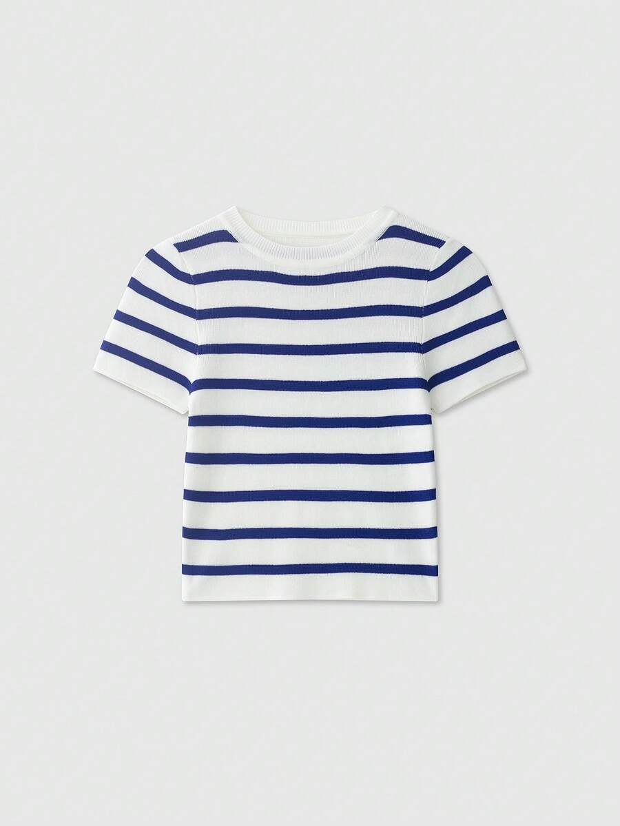 Women's Striped Short Sleeve Casual Cropped Knit T-Shirt, Summer - Dark Blue and White - View 1