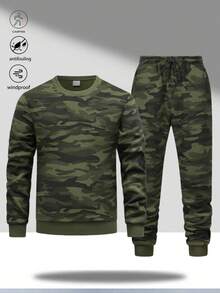 1 Set Pakaian Kamuflase Vintage Usang, Proses Pencucian Pudar Menciptakan Kembali Gaya Militer Klasik, Desain Jahitan Saku yang Detail - Hijau Tentara - View 1