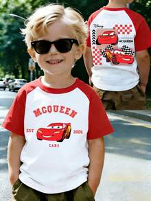 Disney Children's Color-Blocked White And Red Top, Summer Casual Multifunctional "Cars" Lightning McQueen Pattern T-Shirt, Breathable And Suitable For Boys And Girls - 白色拼紅色 - 查看 1