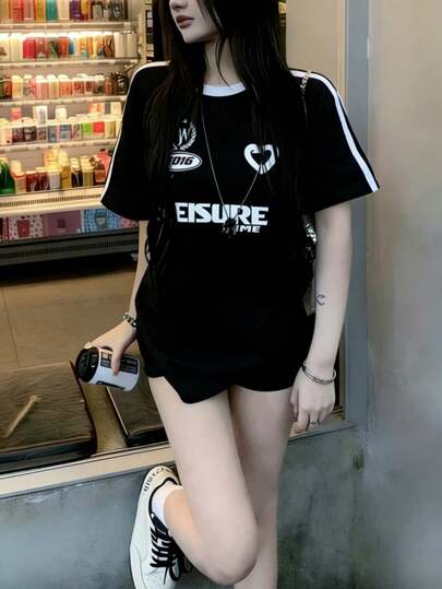 2026新款撞色圆领印花短袖T恤，宽松休闲运动上衣，夏季黑色