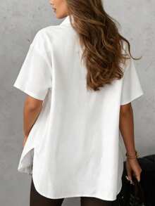 Women's Casual Vacation Daily Work Metal Button Front Loose White Blouse, Suitable For Festival, Beach, Country Outfits Summer - White - View 3