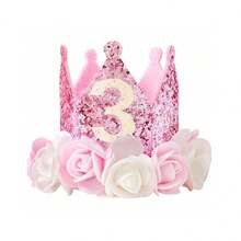 Couronne d'anniversaire de princesse pour filles, couronne rose et or pailletée avec fleurs, bandeau pour 1er, 2ème, 3ème, 4ème, 5ème anniversaire de bébé et tout-petit, fournitures pour fête d'anniversaire - Multicolore - Voir 4