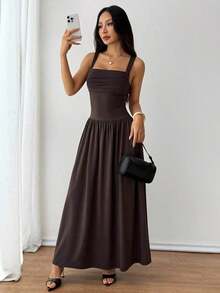 PETITE Women's Elegant Solid Color Brown Coffee Square Collar Flared Dress, Spring/Summer,Dresses For Women Elegant,New Year Dress ,Elegant Party Dresses,Dresses For Women Elegant - 棕色 - 查看 10