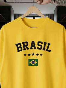 Stylish Sports T-Shirt For Fans Of The World Cup, Brazilian National Football Team, Green And Yellow, Short Sleeve, Men's And Women's, 100% Cotton, Casual, Crew Neck - 黃色 - 查看 2
