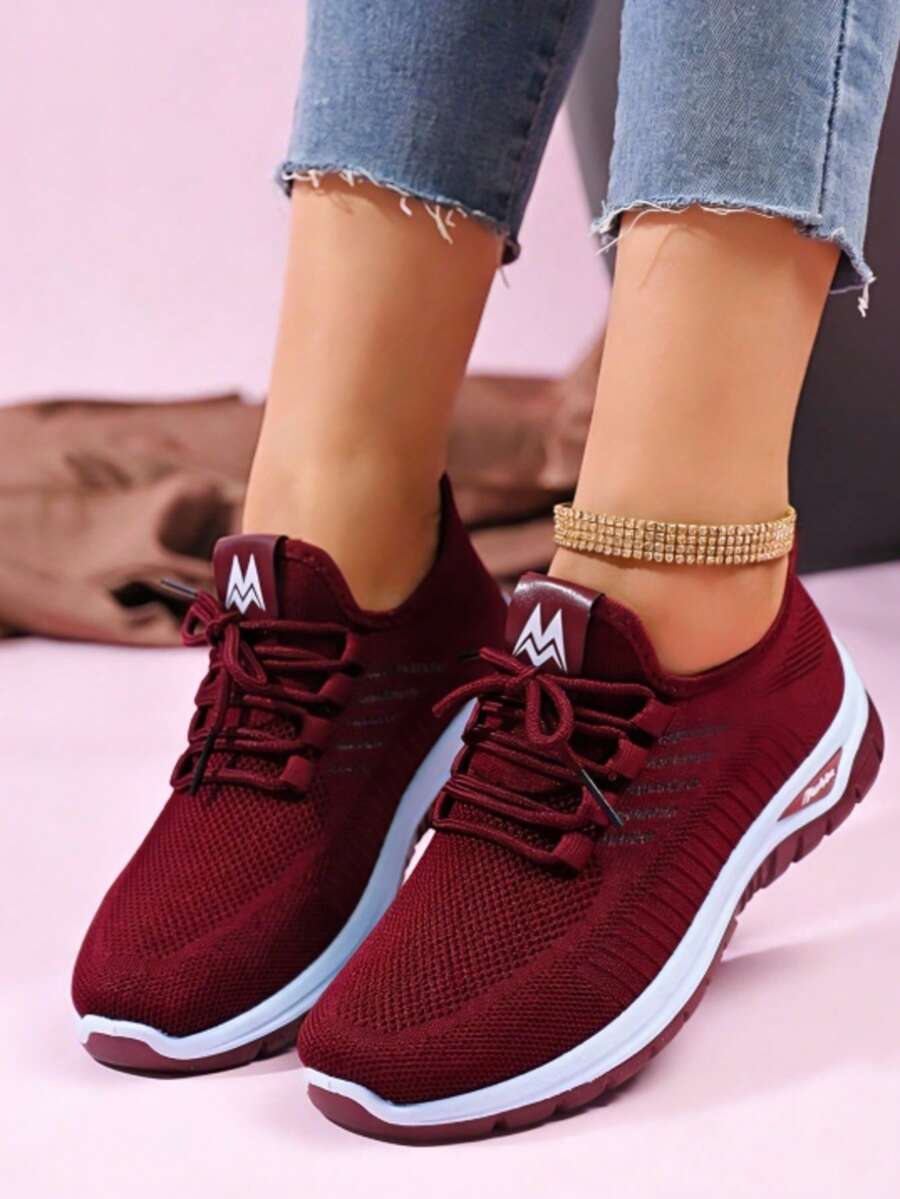 Women's Mesh Breathable Running Shoes, Soft Comfortable Flying Woven Shoes, Casual Versatile Outdoor Sneakers Mama Shoes,Running Shoes - 紅色 - 查看 1