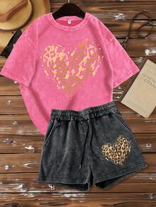 Soft & Comfy Casual Fashion Ensemble For Women Featuring A  'Leopard Print Heart' Design On A T-Shirt And Shorts, Perfect For Street Wear, Weekend Outings, And Those Who Appreciate A Stylish Vintage Appearance With Distressed Materials Free People Inspired Clothes Summer Tops - 多色 6 - 查看 2