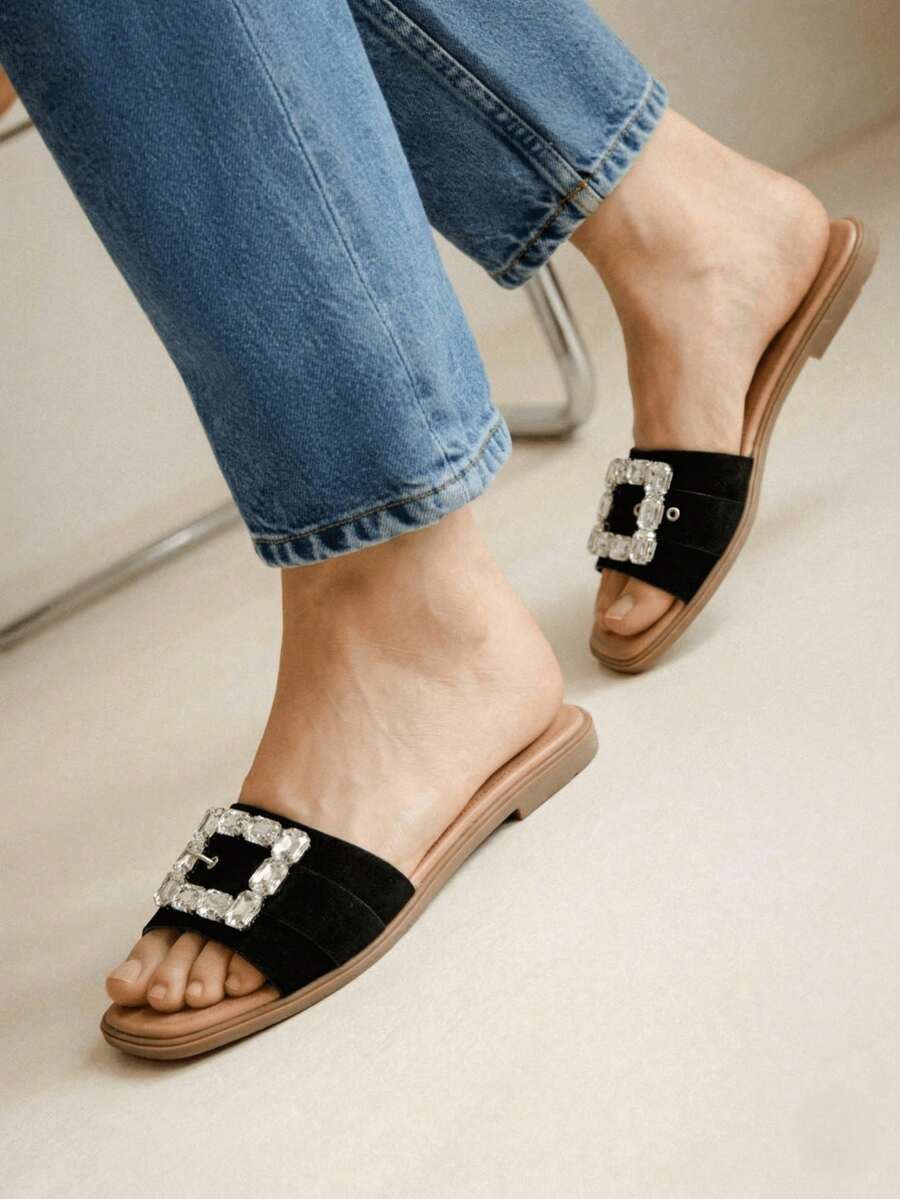 Slippers With Decorative Buckle And Ergonomic Insole - Black - View 1