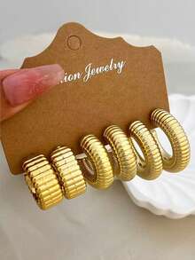 6-18件金色纹理多元素耳环套装，时尚百搭，适合外出、约会和聚会。 - 金色 - 查看 7