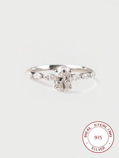 1 chiếc nhẫn bạc 925 đính đá Cubic Zirconia hình bầu dục, thiết kế tối giản, thích hợp làm nhẫn đính hôn/cưới, quà tặng cho người yêu/bạn bè/phù dâu, phù hợp đeo hàng ngày, đi chơi, dự tiệc, trang sức chất lượng dành cho nữ.
