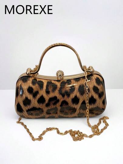 女士晚宴包，时尚豹纹手提包，硬挺手拿包，百搭通勤及街头风链条单肩包