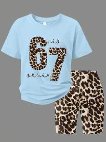 2pcs/Set Girls Leopard Print "67" Letter Graphic Tee + Leopard Shorts, Casual Fashion Summer Outfit - Baby Blue - View 2