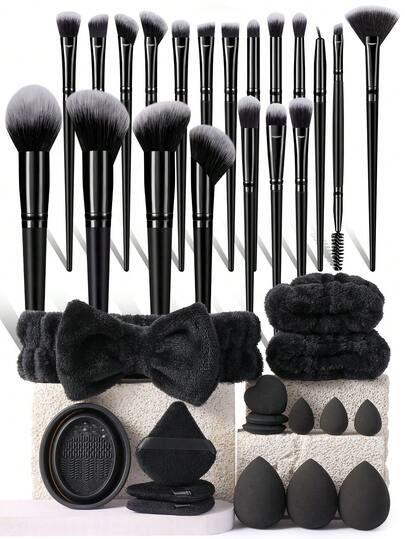 36件套化妆工具套装，包含：20支化妆刷套装+1个发带+2个手碗挂绳+1个化妆刷清洁工具+3个三角粉扑+3个迷你气垫粉扑+3个迷你化妆海绵+3个化妆海绵，一应俱全，新手友好 | 方便携带，送礼佳品 | 新手/女性的完美之选