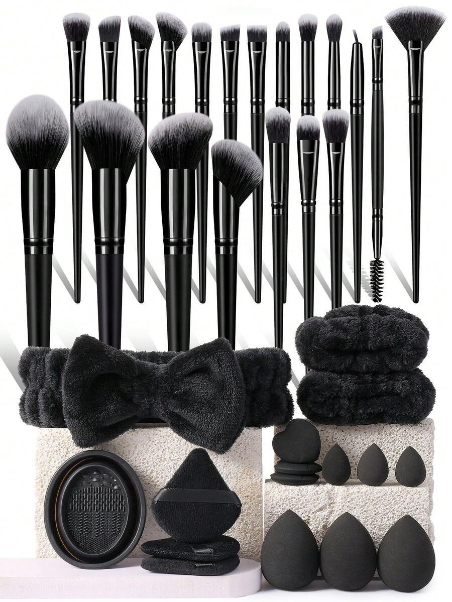 36件套化妆工具套装，包含：20支化妆刷套装+1个发带+2个手碗挂绳+1个化妆刷清洁工具+3个三角粉扑+3个迷你气垫粉扑+3个迷你化妆海绵+3个化妆海绵，一应俱全，新手友好 | 方便携带，送礼佳品 | 新手/女性的完美之选 - 黑色 - 查看 1