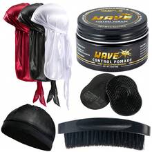 Goiple 7pcs Strong Hold 360 Wave Pomade Kit For Men, Silky Durag & Wave Brushes, Easy Wash Non-Greasy Hair Cream For Deep Layered Waves, Moisture Locking & Silky Shine, Beginner-Friendly Wave Training Set, Salon-Quality, Travel-Friendly, For All Hair Types - Black Wax 7-piece Set - View 1
