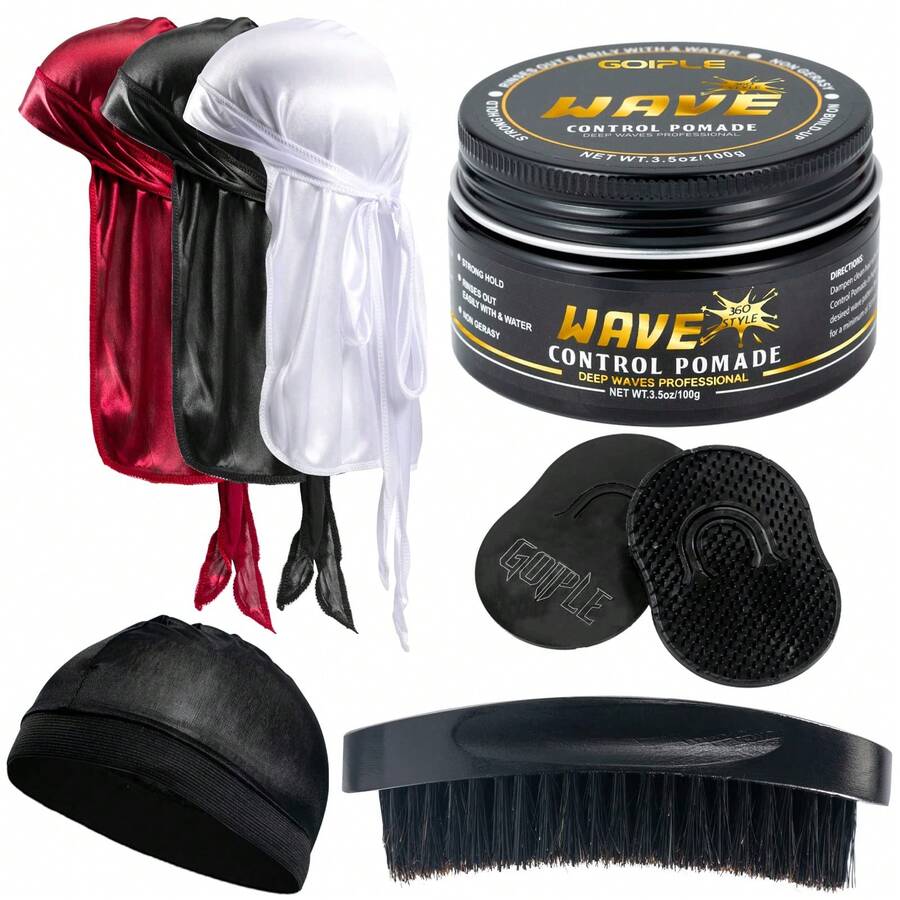 Goiple 7pcs Strong Hold 360 Wave Pomade Kit For Men, Silky Durag & Wave Brushes, Easy Wash Non-Greasy Hair Cream For Deep Layered Waves, Moisture Locking & Silky Shine, Beginner-Friendly Wave Training Set, Salon-Quality, Travel-Friendly, For All Hair Types - Black Wax 7-piece Set - View 1