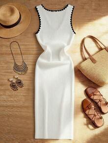 Ellegaria. New Luxury Fashionable Color Block V-Neck Minimalist Elegant Women's Dress, Summer New Design Color Contrast Sleeveless Fitted Knit Camisole Dress, Feminine Sexy Daily Commute Slimming Bodycon Dress - 黑與白 - 查看 2