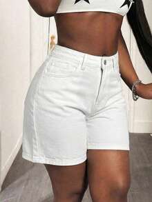Pantalones cortos de mezclilla bermuda de unicolor para mujer, blancos y casuales de verano - Blanco - Ver 5