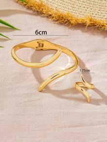 2件套简约优雅抛光几何线条金色手镯和戒指首饰套装，适合女性日常佩戴、派对、约会和送礼。 - 金黃色 - 查看 5