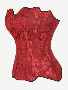 Overbust Corset Bustier, Jacquard Bust-Enhancing Top, Strapless Uplifting Design, Vintage Shapewear, Waist Cincher, Underbust Corset, Lace-Up Closure For Adjustability - Red - View 2