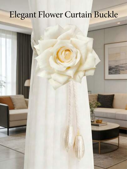 Nuevos ganchos de cortina con flores elegantes - Ajustables, 4 colores (rosa, azul, blanco, champán) Lazos de cortina con flores, lazos de cortina con flores de trigo elegantes - Ajustables y decorativos de lujo para dormitorio y comedor, estilo moderno con ribete dorado, decoración de cortinas | Decoración floral |, con borlas, cuerda de poliéster para decoración de dormitorio y comedor, cortinas de sala de estar