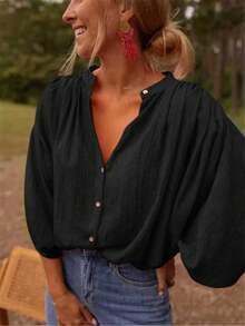 女士优雅轻盈纽扣衬衫，荷叶边喇叭袖 - 春夏宽松版型涤纶衬衫，休闲时尚设计，春季时尚上衣，经典领口，黑色 - 黑色 - 查看 3
