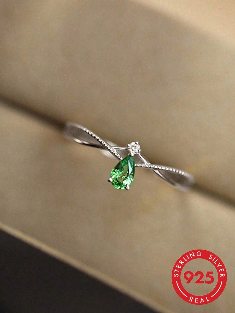 1pc S925 Sterling Silver Green Zirconia Teardrop Ring, Elegant & Fashionable Design For Women, Suitable For Various Occasions, Birthday/Jewelry Gift