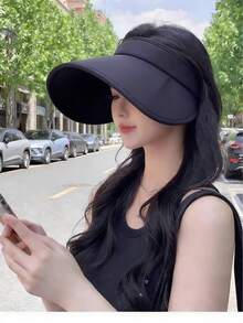 1顶女士夏季遮阳帽，宽檐防紫外线帽，沙滩遮阳帽，可折叠马尾辫旅行巴拿马帽，度假帽 - 彩色 - 查看 4